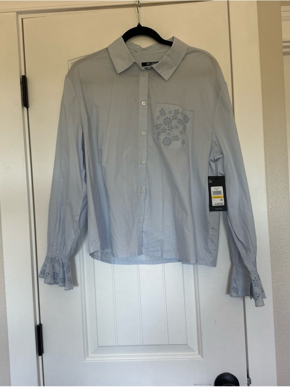 BCBG Pale Blue Button-Up Shirt with Embroidered Pocket & Eyelet Cuffs